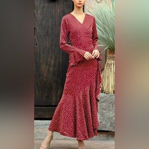Maroon Polka Dot Wrap Maxi Dress
